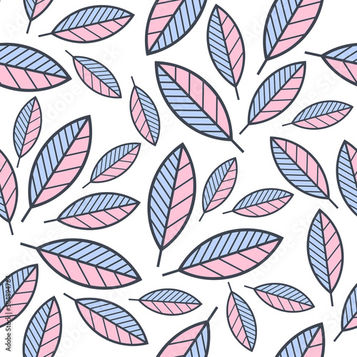 Pink and blue contour doodle leaves backdrop. Seamless leaf pattern vector illustration. Minimal floral wallpaper. White background. Botanical geometric texture. Template for print, design or card.