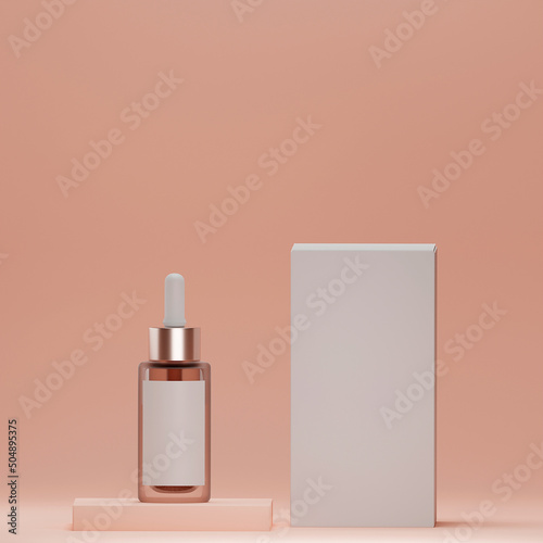 Blank, unbranded cosmetic serum bottle with box. Skin care product presentation on light pink background. Luxury mockup. Dropper bottle, hyaluronic acid, oil, serum with copy space. 3D rendering.