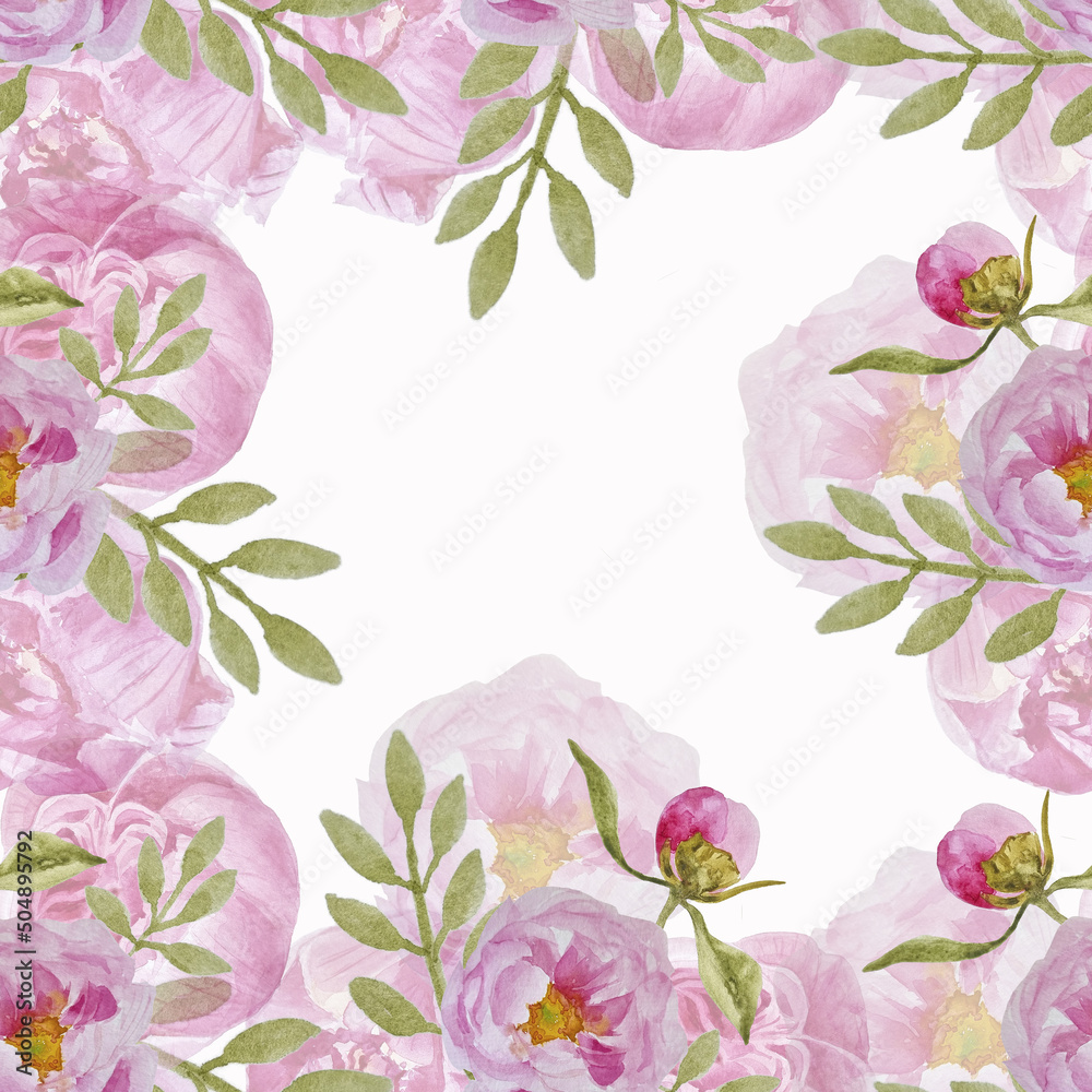 Watercolor peonies and herbs frame pattern hand drawn decoration