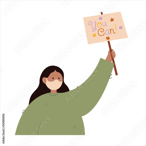 Women with mask protesting. Vector illustration drawing. Isolated background.
