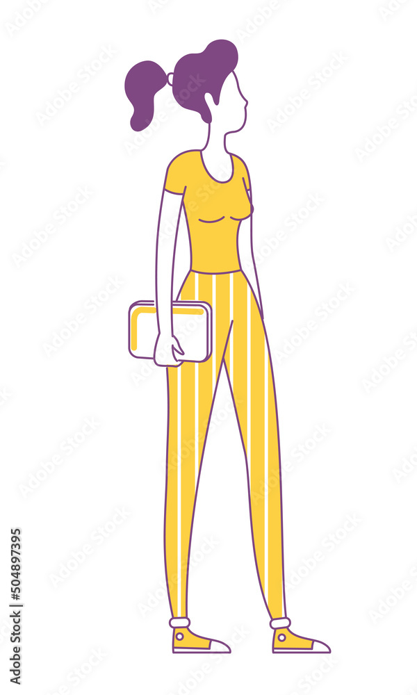 Obraz premium Lady in yellow apparel semi flat color vector character. Standing figure. Full body person on white. Girl with tablet simple cartoon style illustration for web graphic design and animation