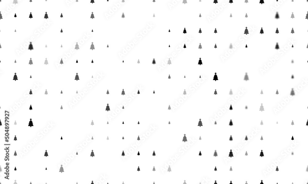 Seamless background pattern of evenly spaced black Christmas trees of different sizes and opacity. Vector illustration on white background