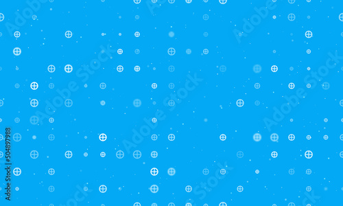 Seamless background pattern of evenly spaced white astrological earth symbols of different sizes and opacity. Vector illustration on light blue background with stars