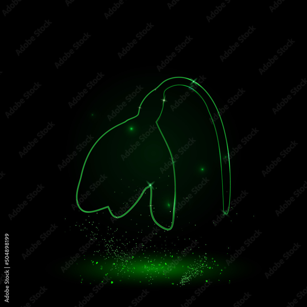 A large green outline snowdrop on the center. Green Neon style. Neon color with shiny stars. Vector illustration on black background