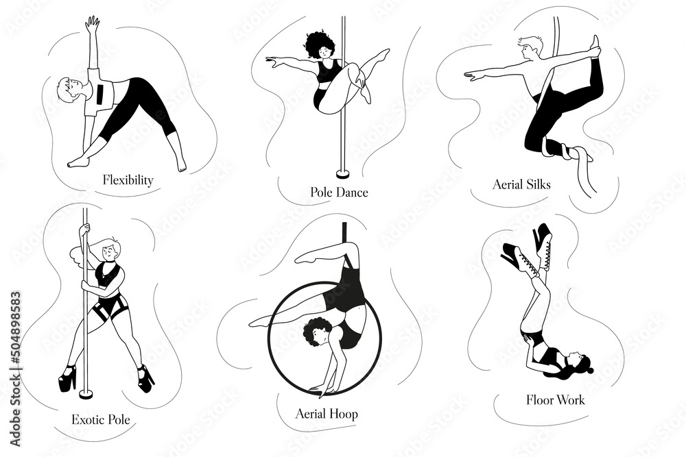 Set of various acrobatic and dance styles. Pole dance, aerial silks and hoop, flexibility and stretch, exotic floorwork. Modern studio. Diversity characters, body shapes.
