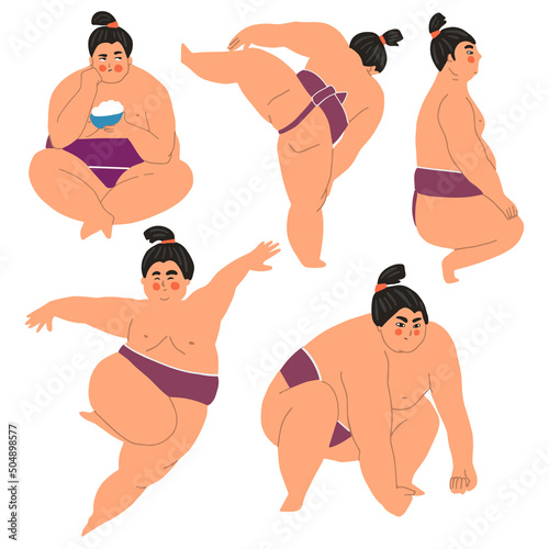 Sumo wrestler character in different poses and emotions. Hand drawn style.