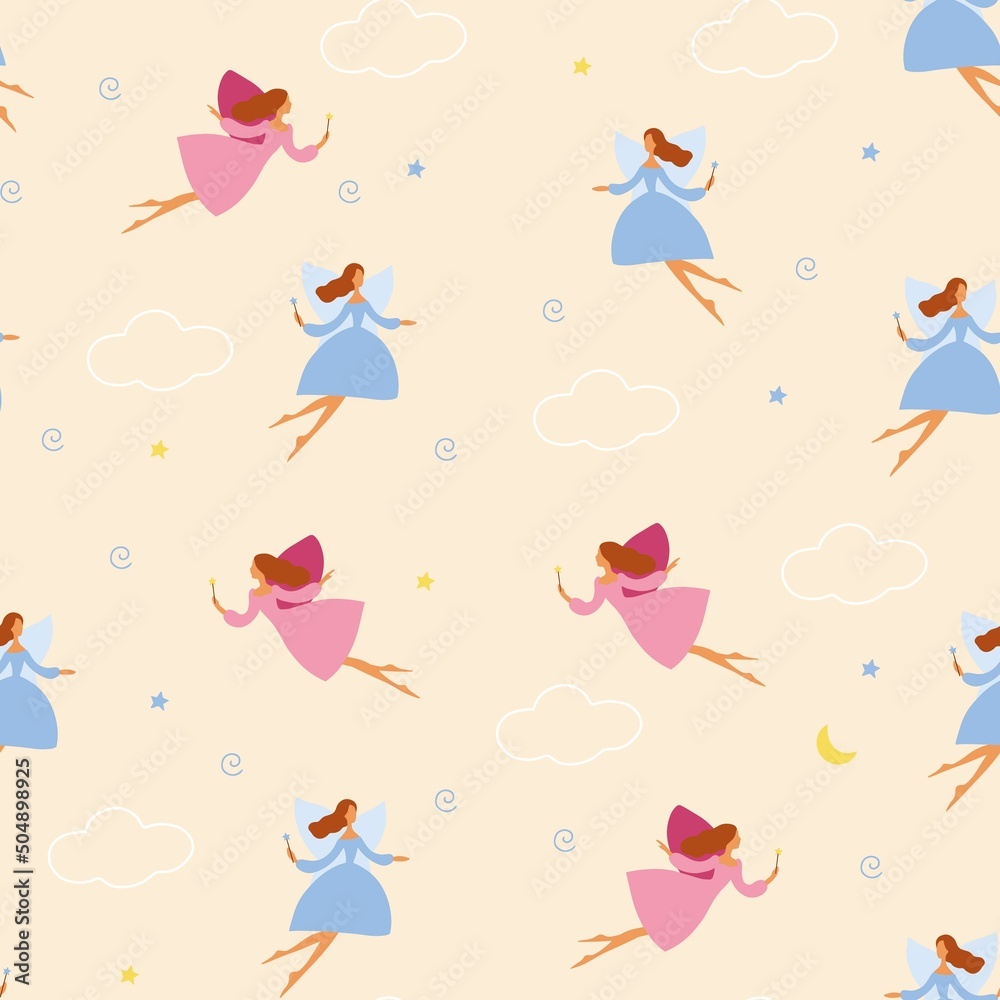 Fairy seamless pattern, beige background, cute characters, flat style. Woman with wings and magic wand. Characters fly in the clouds