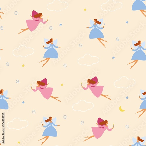 Fairy seamless pattern, beige background, cute characters, flat style. Woman with wings and magic wand. Characters fly in the clouds