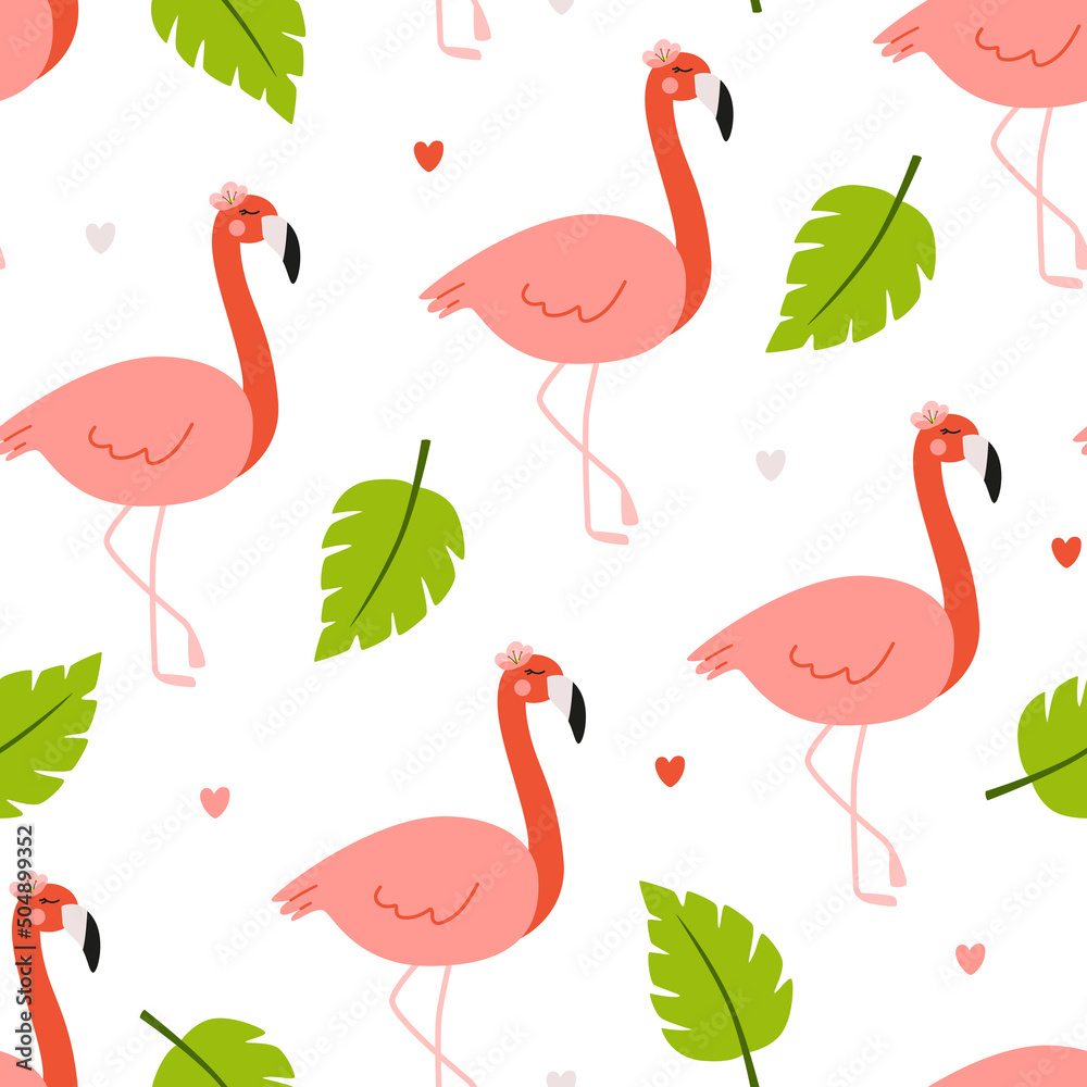 Fototapeta premium Seamless tropical pattern with cute baby flamingo and leaves. Vector illustration with hand drawn elements in doodle style for kids textile, wrapping paper
