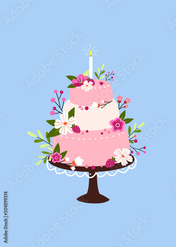 Cute festive wedding cake on a cake stand hand drawn in doodle style. Funny decorative birthday card with blue background and tasty pastry