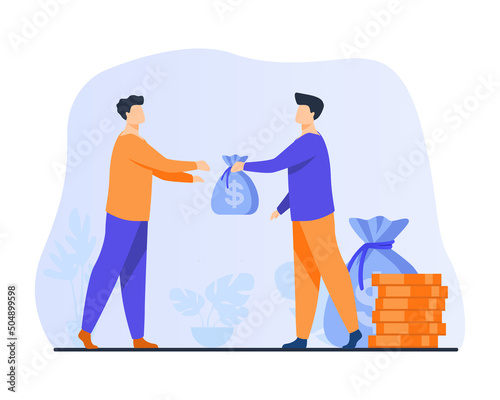 Businessman with big pile of money and big bags gives small bag to male employee. Flat vector in modern 2022 style. Boss paying salary to office worker. Take a loan from a bank. Stacks of coins. 
