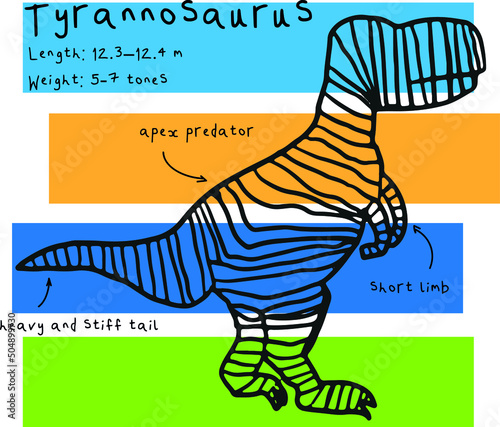 Print with abstract tyrannosaurus and facts. Print with dino for textile, fabric, kids, boy, t-shirt, Web, clothes, socks and other design.