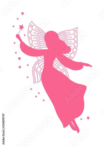 Silhouette of cute elegant fairy, person with magic wand. Pink on white. 