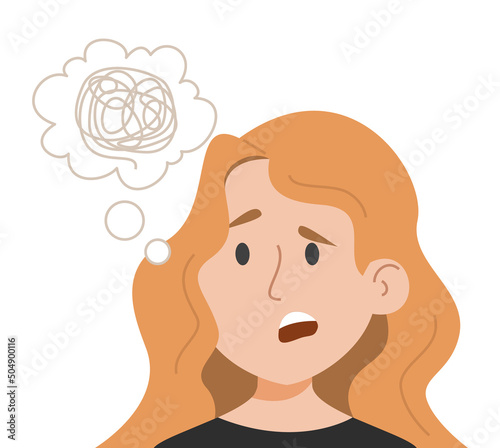 Woman has troubles with concentration vector isolated. Illustration of female character with inability to concentrate. Medical condition.