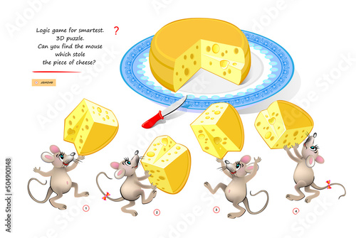 Logic game for smartest. 3D puzzle. Can you find the mouse which stole the piece of cheese? Play online. Developing spatial thinking. Page for brain teaser book. IQ test. Vector illustration.