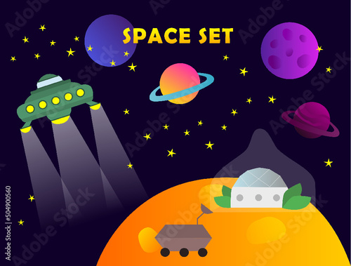 Digital vector of space set. Planets, moon rover, stars. Eps horizontal template astronomic design for web banner, poster, pattern. 