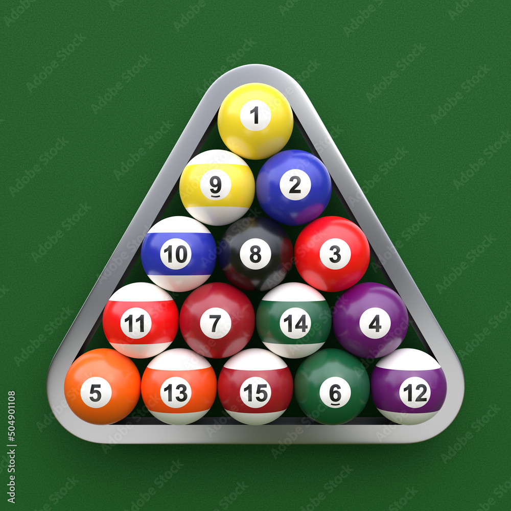 A group of colorful glossy billiard balls with numbers on a green billiard table. Pool ball set. 3d rendering 3d illustration A group of colorful glossy billiard balls with numbers on a green billiard table. Pool ball set. 3d rendering 3d illustration