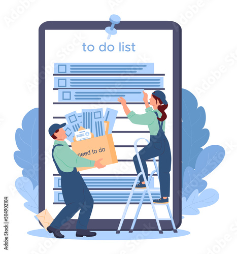 The characters fill out a giant checklist. Girl stands on a stepladder and sets up signs with tasks on a large board. Guy is holding a heavy box with signs. Vector illustration in flat style