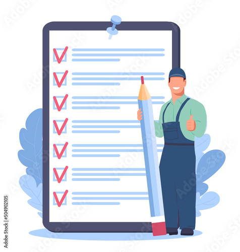 Male character in a work uniform holds a big pencil and shows thumb up sign. In the background is a giant checklist pinned to the board. Vector illustration in flat style on a white background.