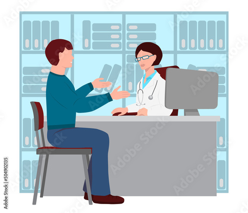 Female doctor is sitting at a table. Man is sitting on a chair. Guy at a doctor's appointment. Doctor talking to patient. Folders with documents in the background. Flat vector cartoon illustration