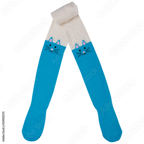 cyan children's tights with a pattern, half twisted, on a white background photo