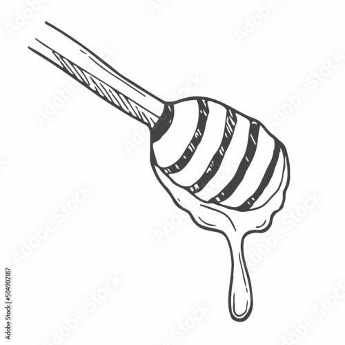 Hand drawn honey stick with drop. Sketches isolated. Black and white graphic design. Vector illustration.
