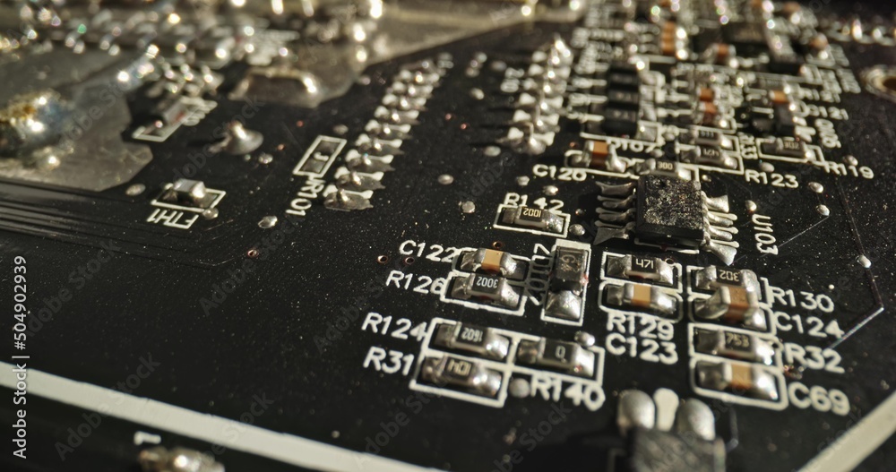 Circuit board macro with probe lens closeup Circuit board macro with probe lens closeup