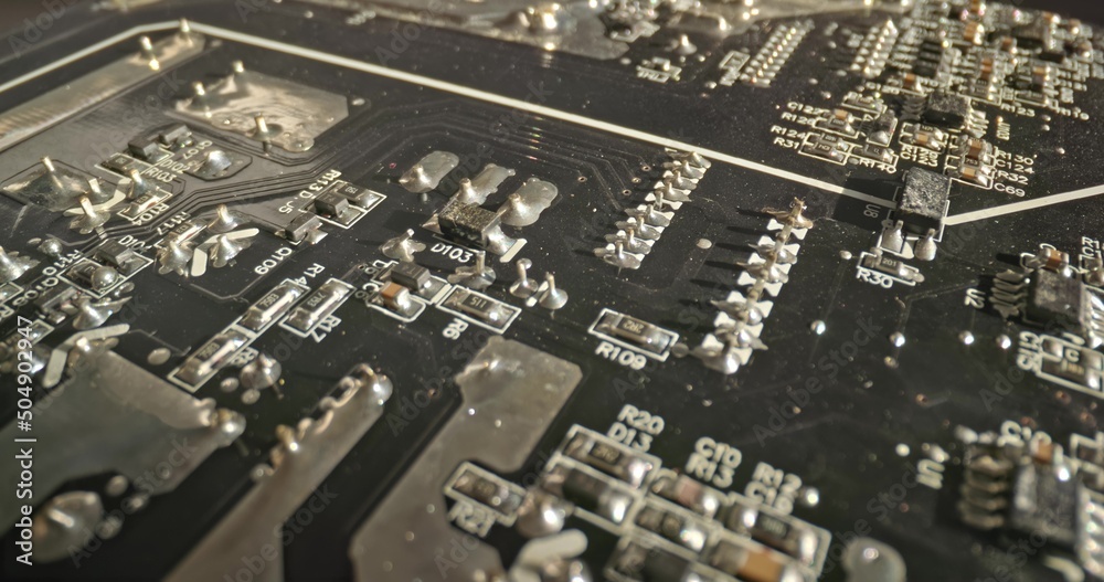 Circuit board macro with probe lens closeup
