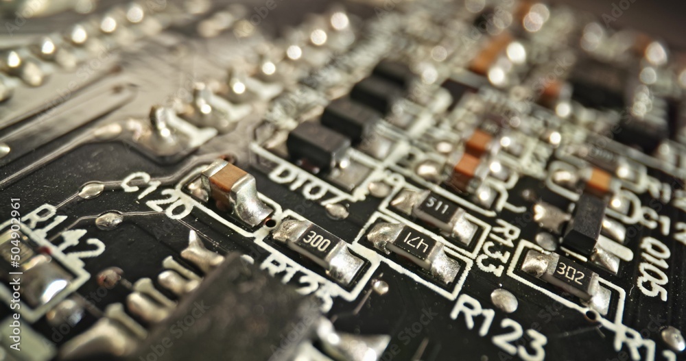 Circuit board macro with probe lens closeup Circuit board macro with probe lens closeup