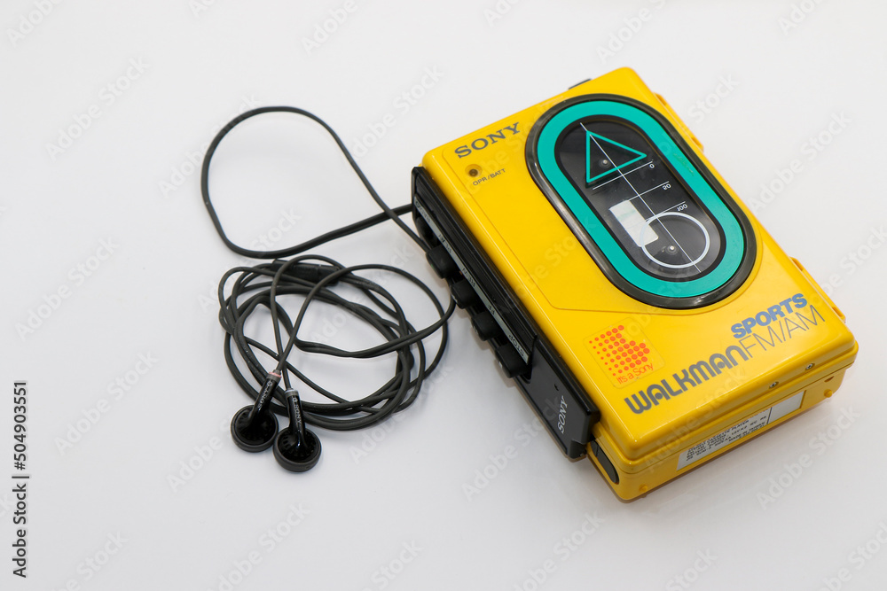 Sony Sports Walkman radio cassette player. Retro vintage portable audio  music device 1980s. Earphones or in-ear headphones attached. Dublin,  Ireland Stock Photo | Adobe Stock