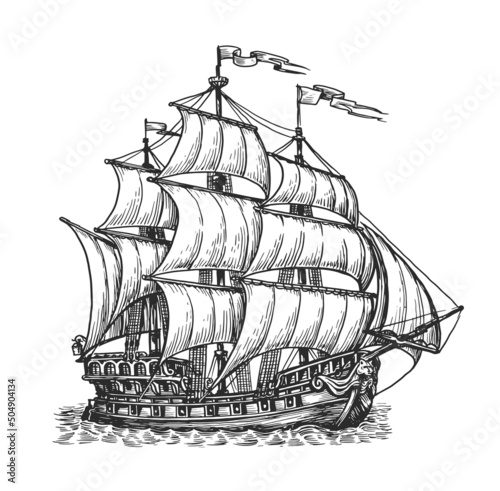 Retro sailing ship sailing on waves. Hand drawn vector sketch. Nautical retro water transport in vintage engraving style