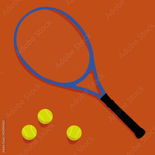 Illustration with overhead view of racket and tennis balls on brick red color ground court.	