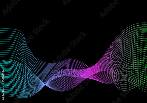 Fondo abstracto de líneas de colores neón brillantes en azul, fucsia y verde sobre fondo negro