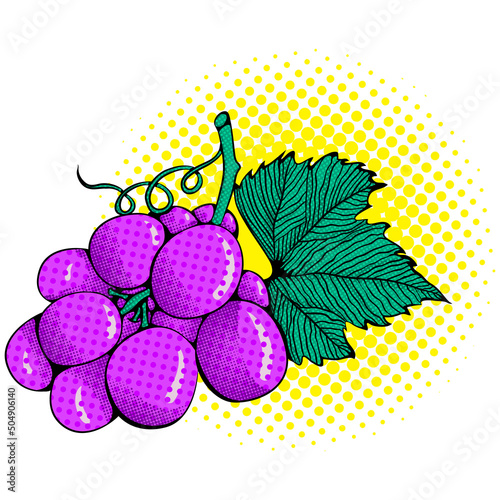Illustration one bunch of grapes. Fruit close up. Vector bright colored print in Pop Art style. Retro cartoon comic style. Design for stickers, poster
