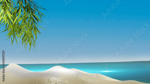 Tropical island in the ocean with palm tree and blue sky. Vacation background. 3D render illustration.
