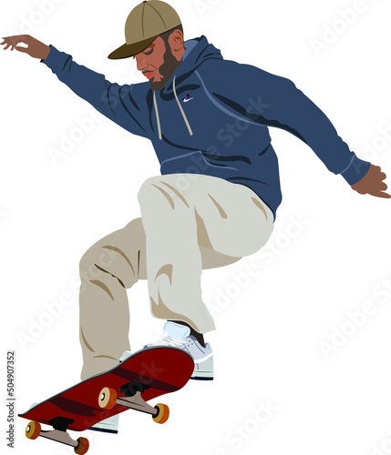 Man sport fun extreme skateboarding jumping white background illustration art street style 