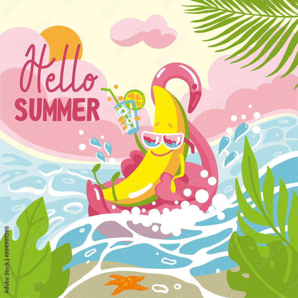 Cheerful banana in sunglasses floats in the sea. Summer party.  Hello summer. Vector illustration.