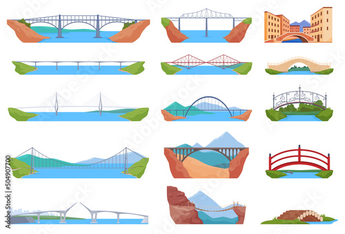Set of illustrations of bridges of different types. Cross the river, abyss, water. Vector illustration