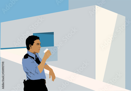 A man in blue and black uniform, holds a white paper cup standing on a white building under a sunny day, vector.