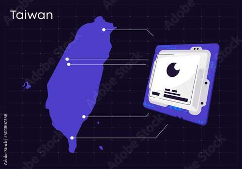 Vector illustration of Taiwan map with computer chip, computer chip production concept