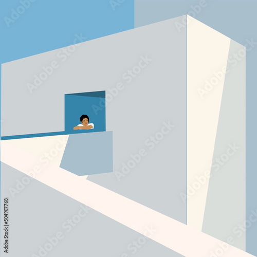 A woman enjoying leisure time leaning on the fence of a white building on a sunny day, minimalist drawing, vector illustration