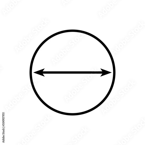 Circle with double arrow inside. Vector drawing round shape with size and diameter. Icon on white background.  photo