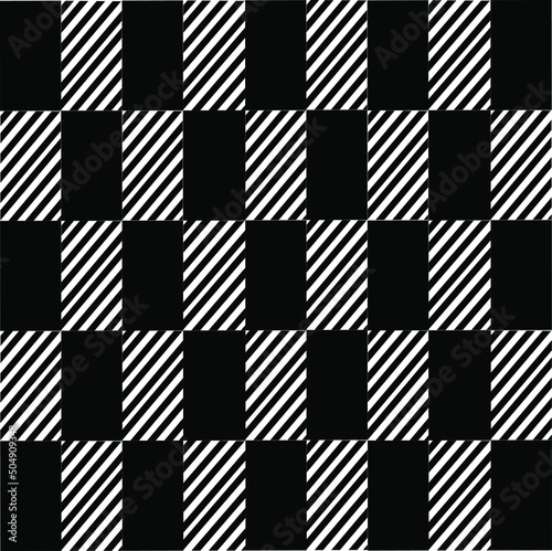 black and white seamless patterns Abstract vector fabric with three squares and black small diagonal stripes