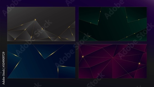 Golden Dark Blue Black Purple Green Geometric Background. Deep Blue Green Black Purple Poster. Shiny Polygon Celebration Pattern. 3D Abstract Premium Christmas Border. Rich VIP New Year Design.