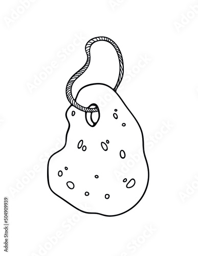 A natural sponge, pumice stone with a rope for hygienic and bath procedures. Cozy relaxing spa home. Vector isolated black line logo.