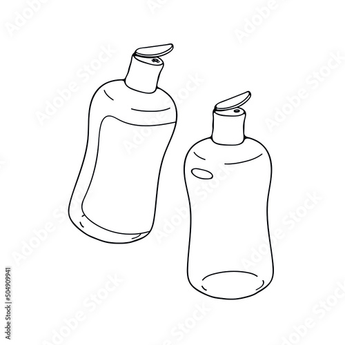 Cosmetic bottles with plastic lids. Bath procedures and hygiene. Cozy relaxing spa home. Vector isolated black line logo. 