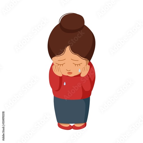 Sad character with tears, asian girl. Crying person, elegant cartoon girl. 