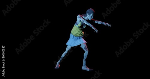zombie woman on black a background walking 