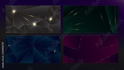 Golden Dark Purple Blue Black Green Triangular Wallpaper. Premium Christmas Poster. Shiny Crystal Celebration Texture. 3D Abstract Luxury New Year Banner. Deep Green Black Blue Purple Design.