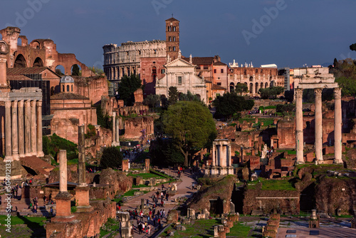 Tourists flock to the Colosseum Archaeological Park in Rome, Italy, Europe.